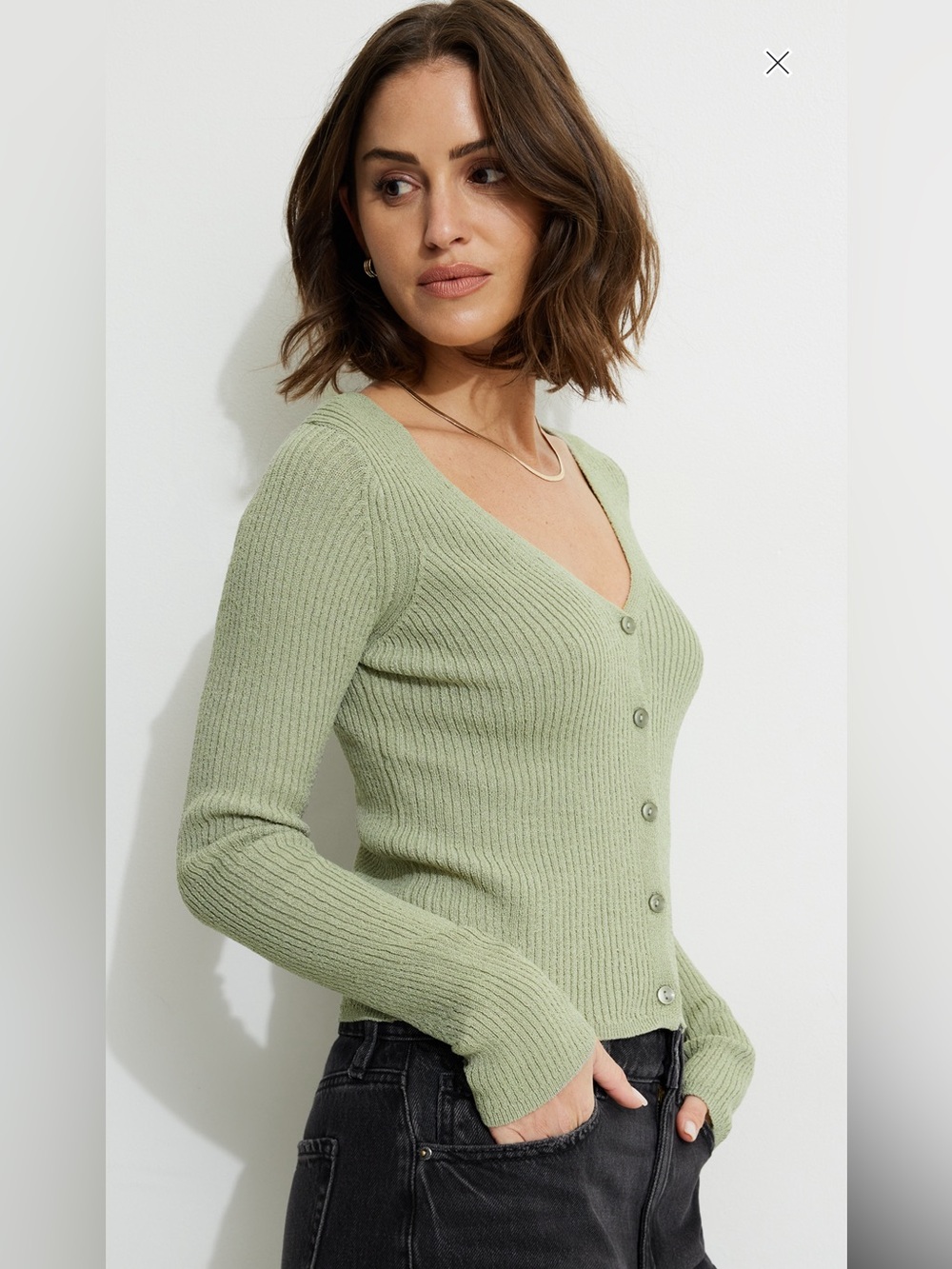 Dynamite Sage Green Ribbed V-Neck Button Cardigan - Picture 2 of 2